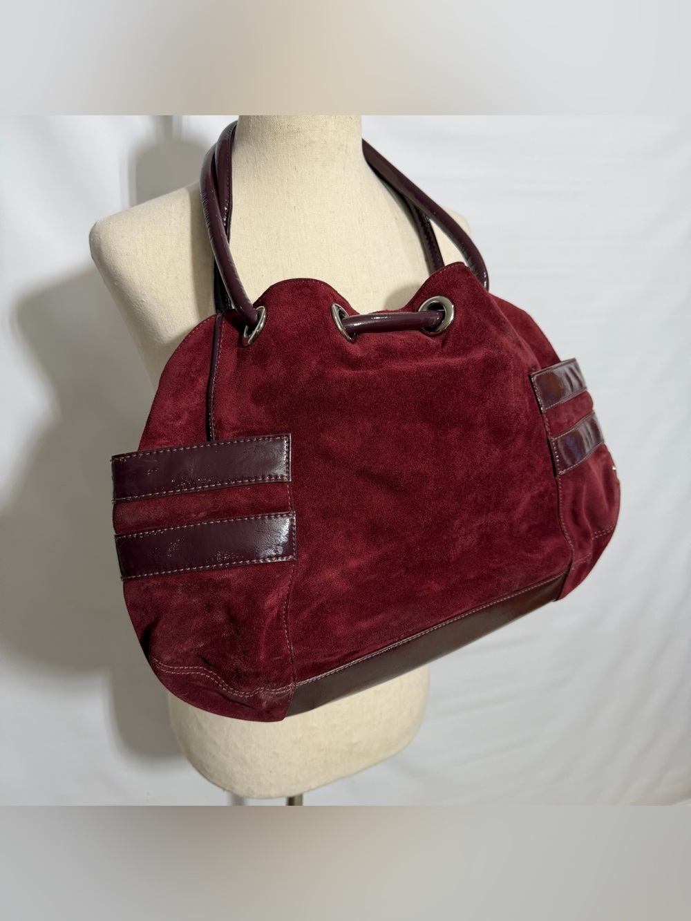 Cole Haan • Merlot Suede & Patent Leather Y2K Hobo Shoulder Bag - Picture 7 of 15